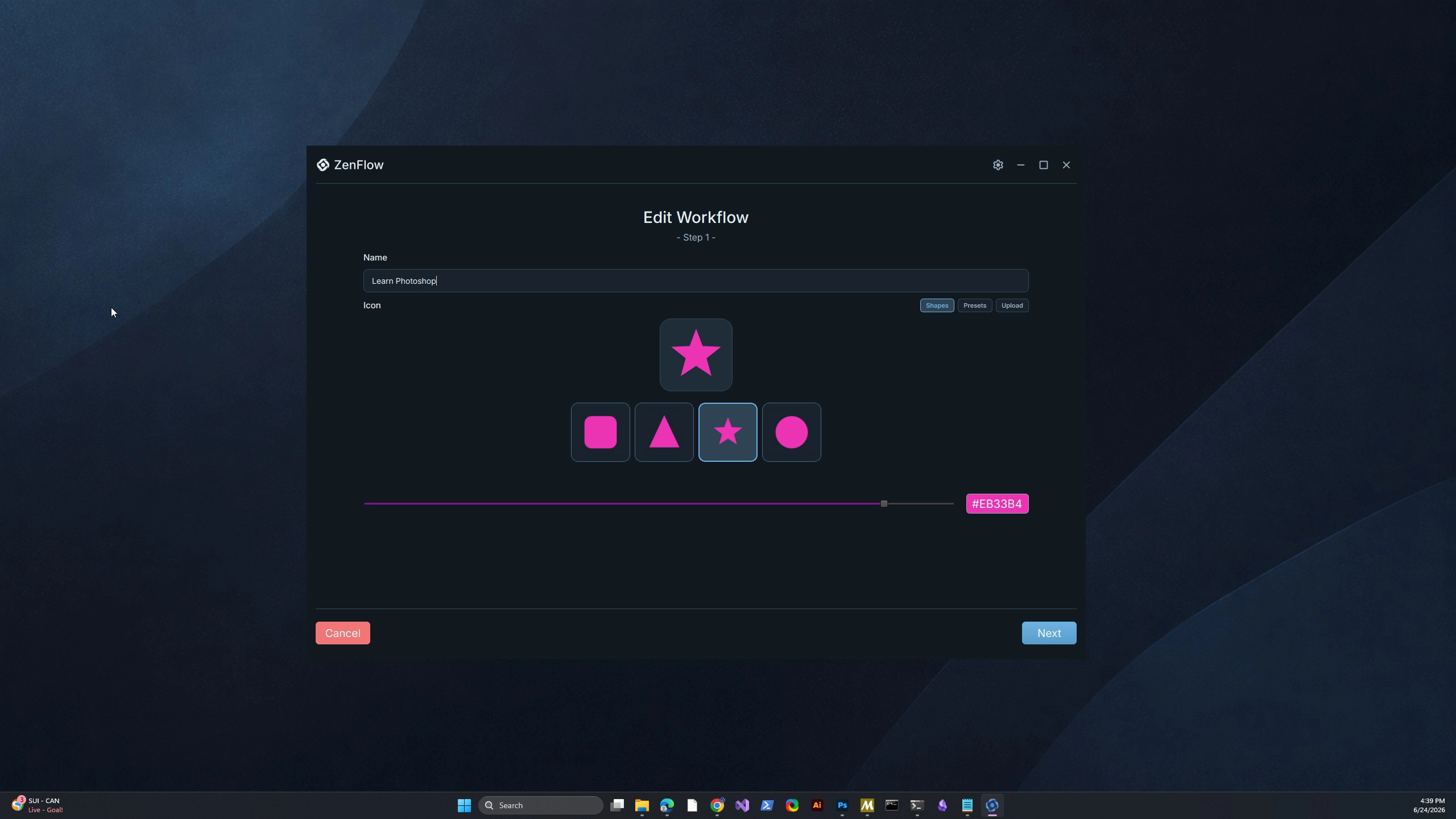 Clean desktop with a blank workflow creation window for naming a dedicated place for work