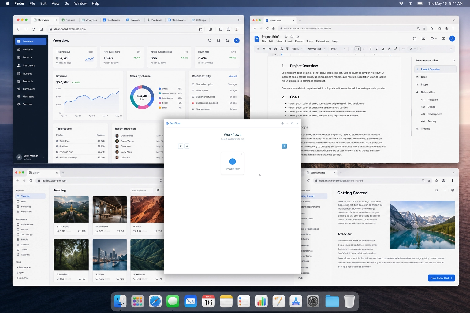 Browser tabs, dashboards, web apps, documents, research sources, and project links grouped together
