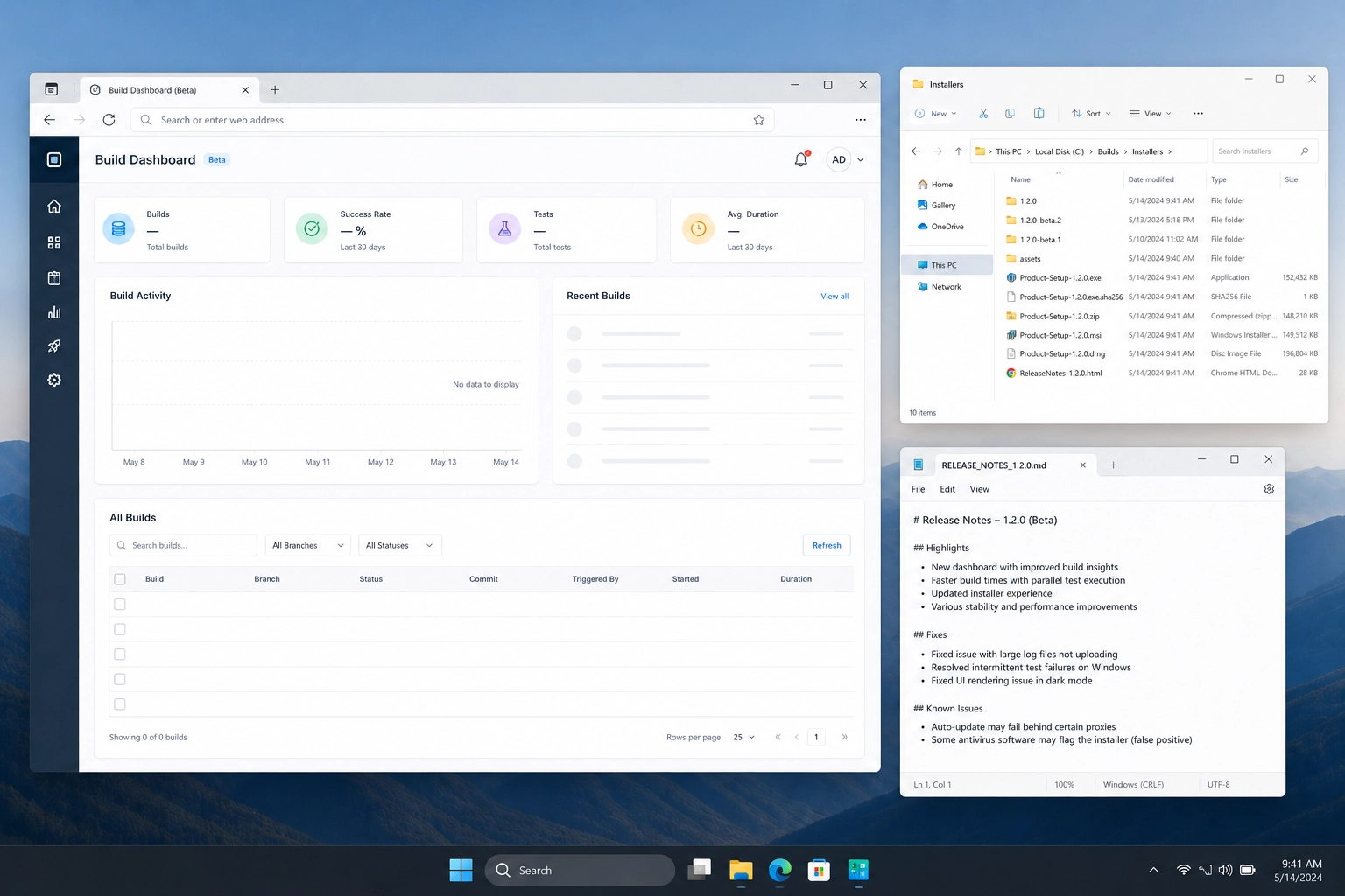 Beta build status workspace with platform availability, installer access, and release notes