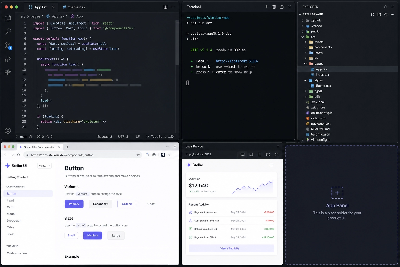 Technical workspace with editors, repo folders, docs, terminals, issue trackers, dashboards, and project tools