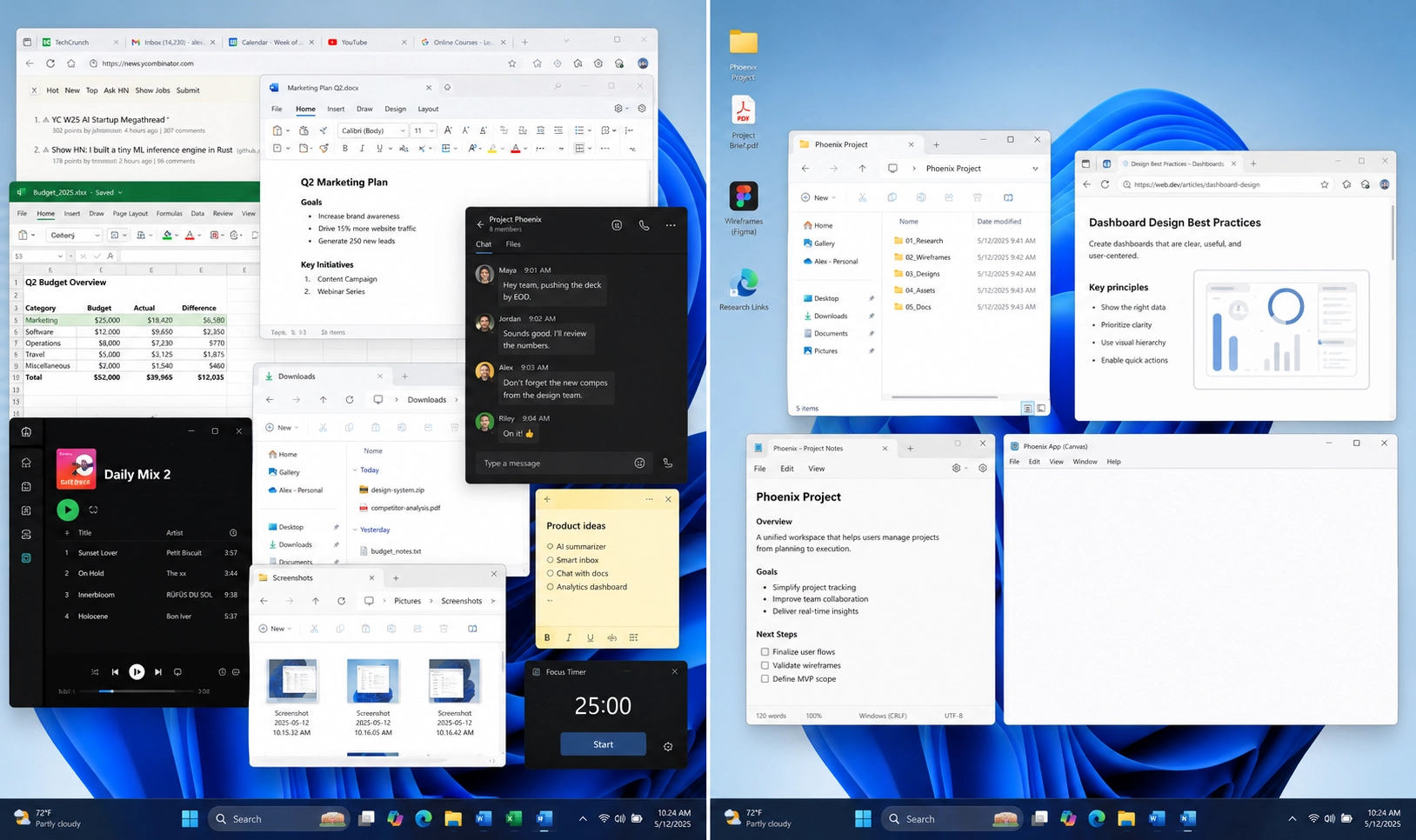 Before and after desktop transition from scattered windows to a cleaner restored workflow