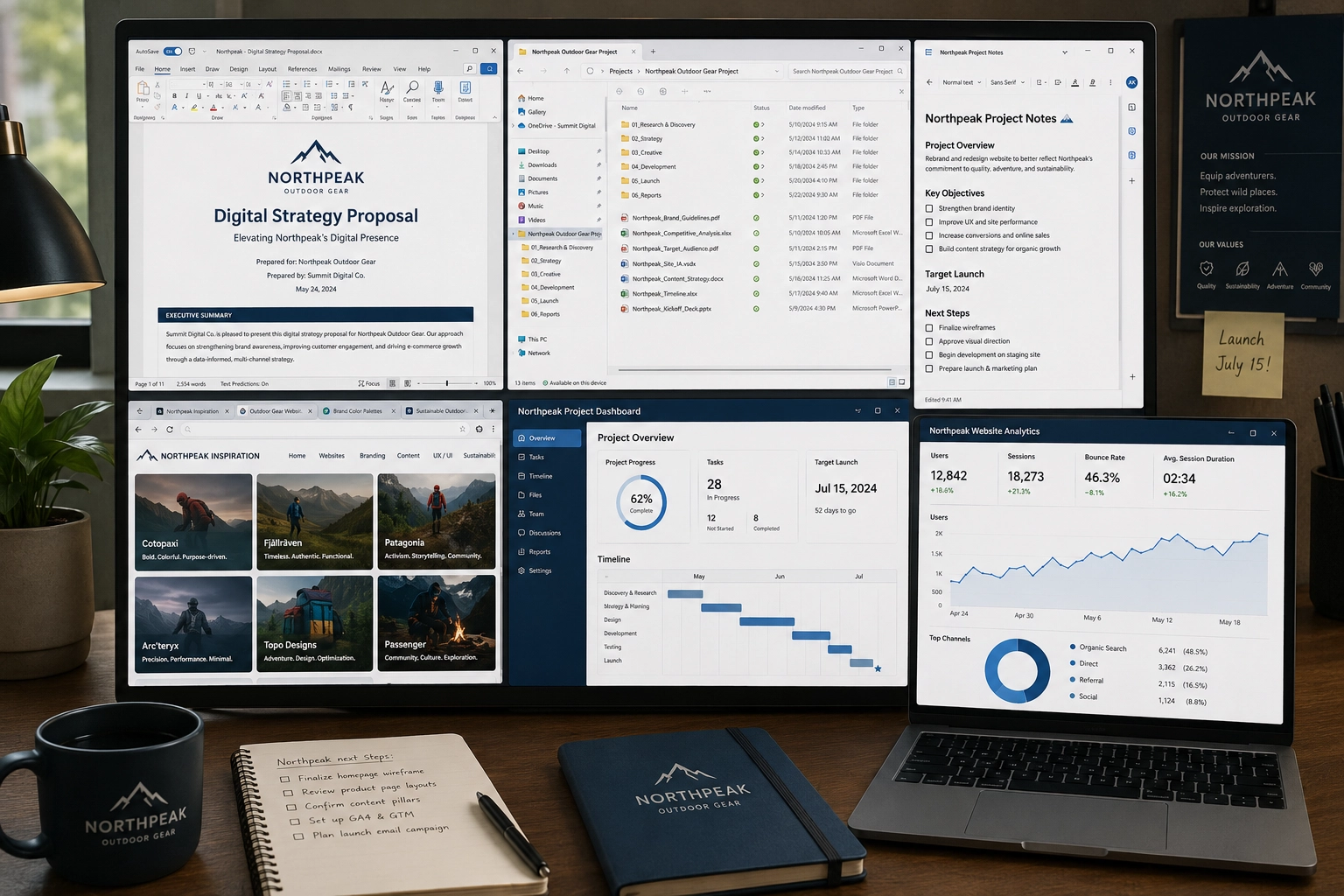 Client project workflow with proposals, folders, notes, browser links, and project-specific tools grouped together