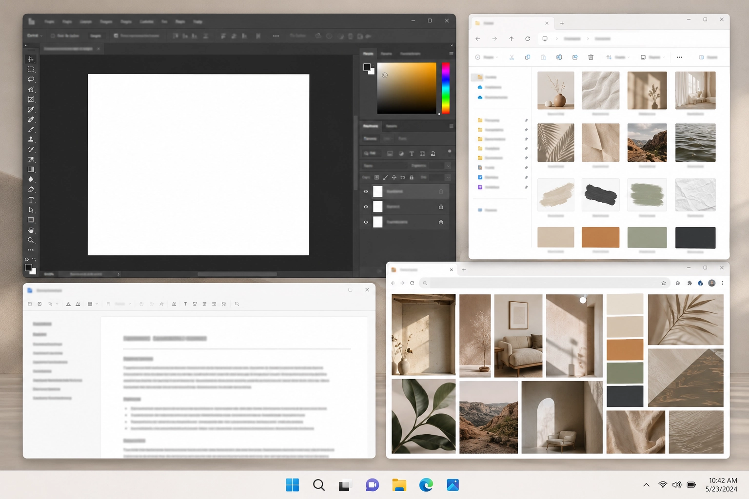 Creative project workspace with design tools, asset folders, references, notes, and project files