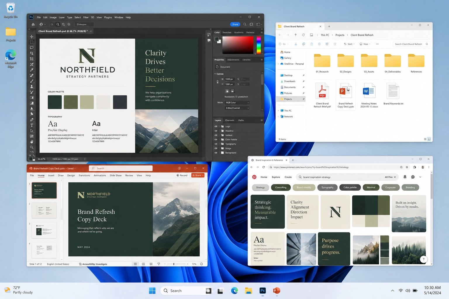 Organized Windows desktop showing a client project workflow grouped in ZenFlow