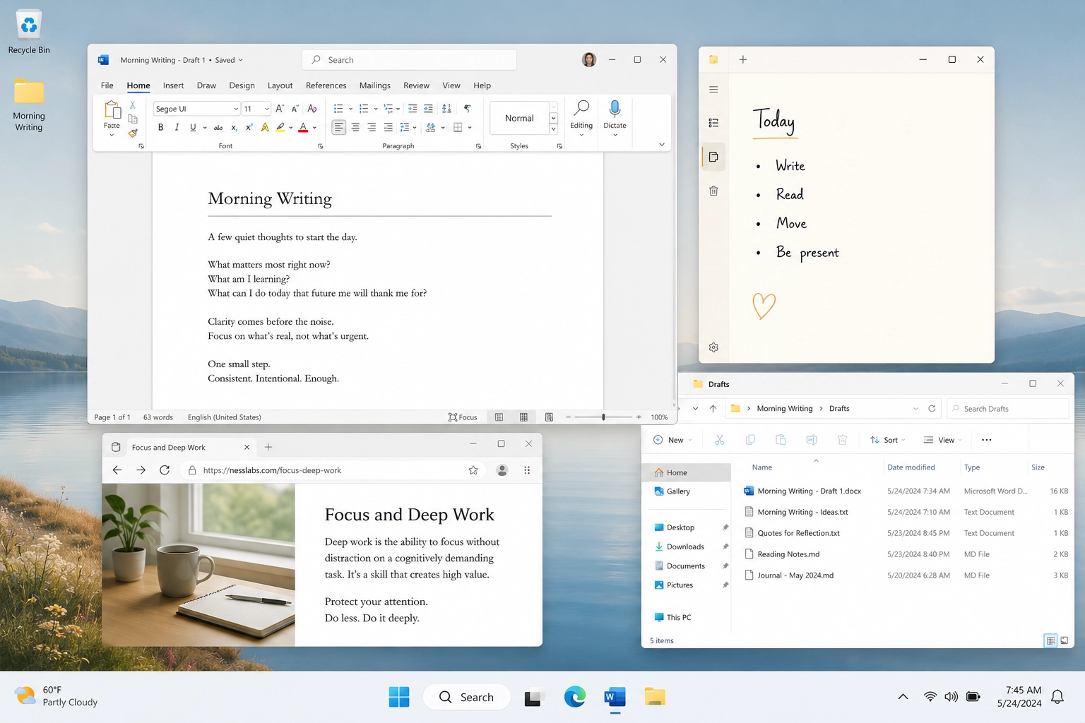 Organized Windows desktop showing a simple personal workflow grouped in ZenFlow