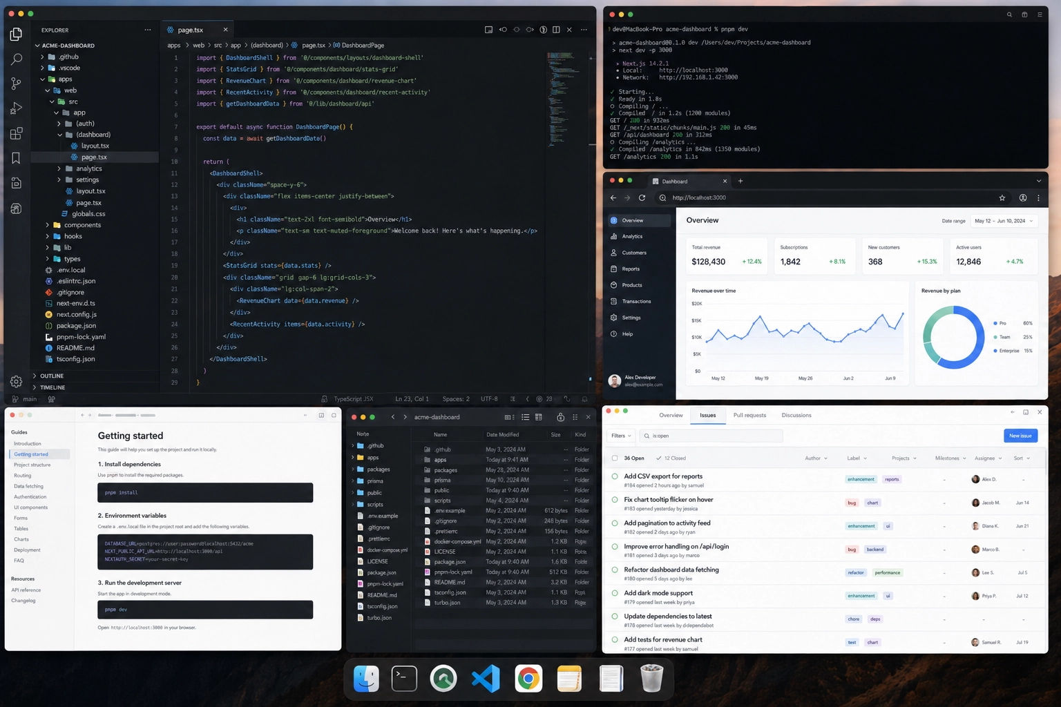 Developer workflow with an editor, repo folder, terminal, docs, issue tracker, local references, and project tools