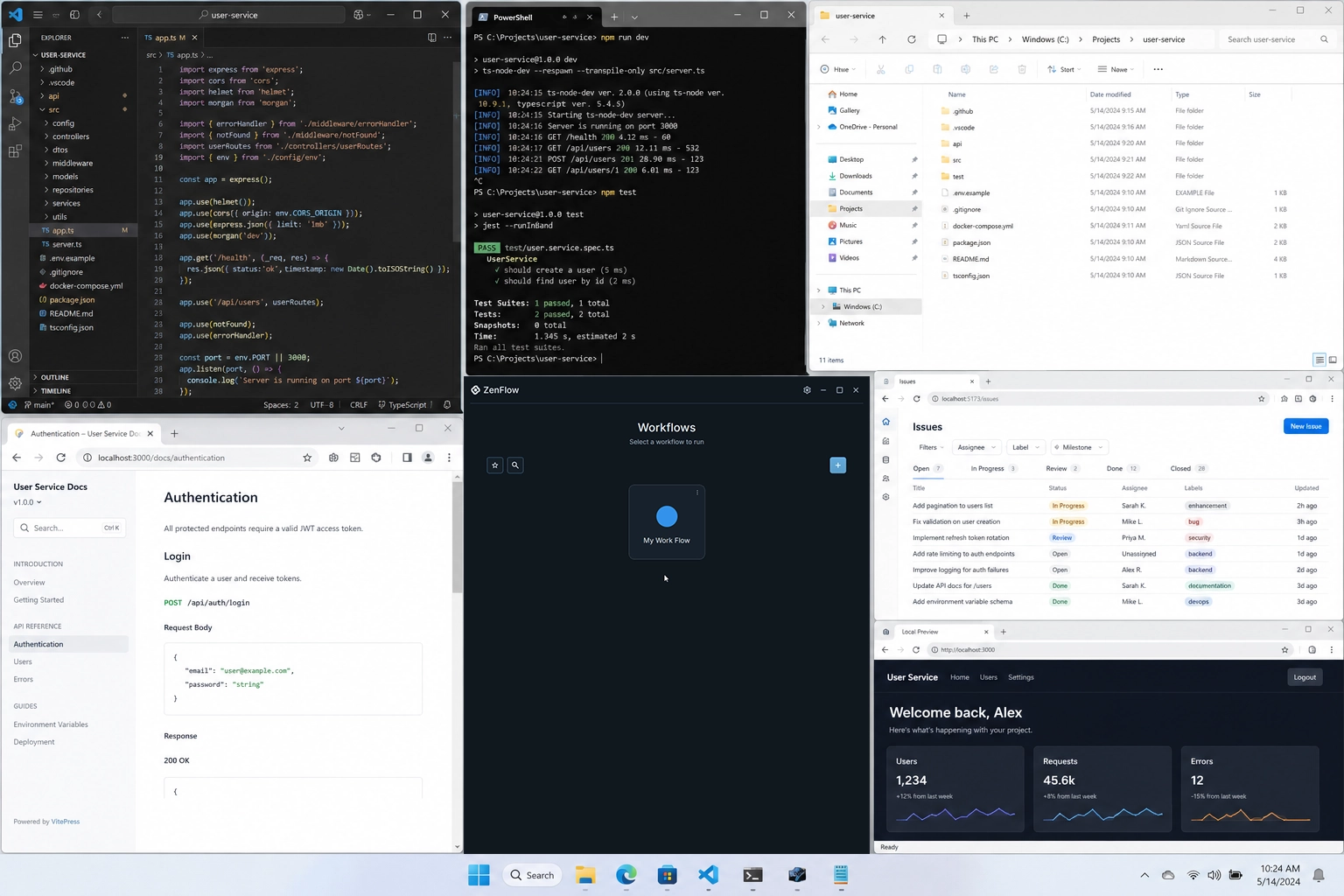 Developer project workspace with editor, repo folder, terminal, documentation, issue tracker, and local preview