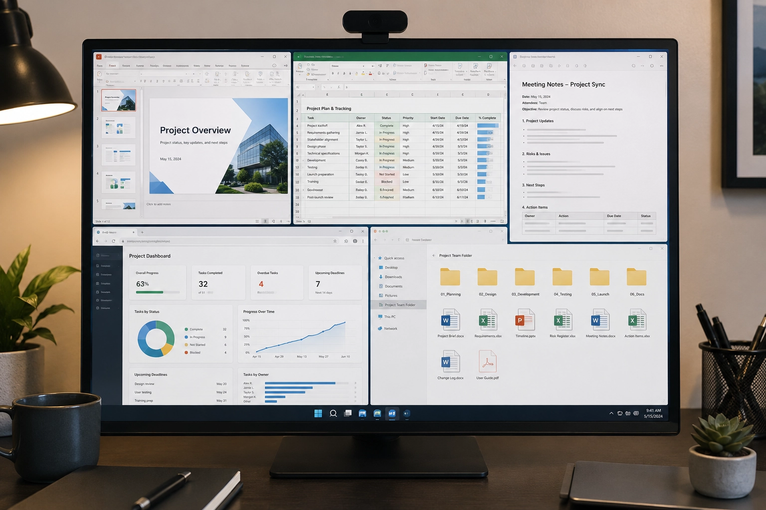 Office team project workflow with planning documents, dashboards, shared folders, and meeting notes