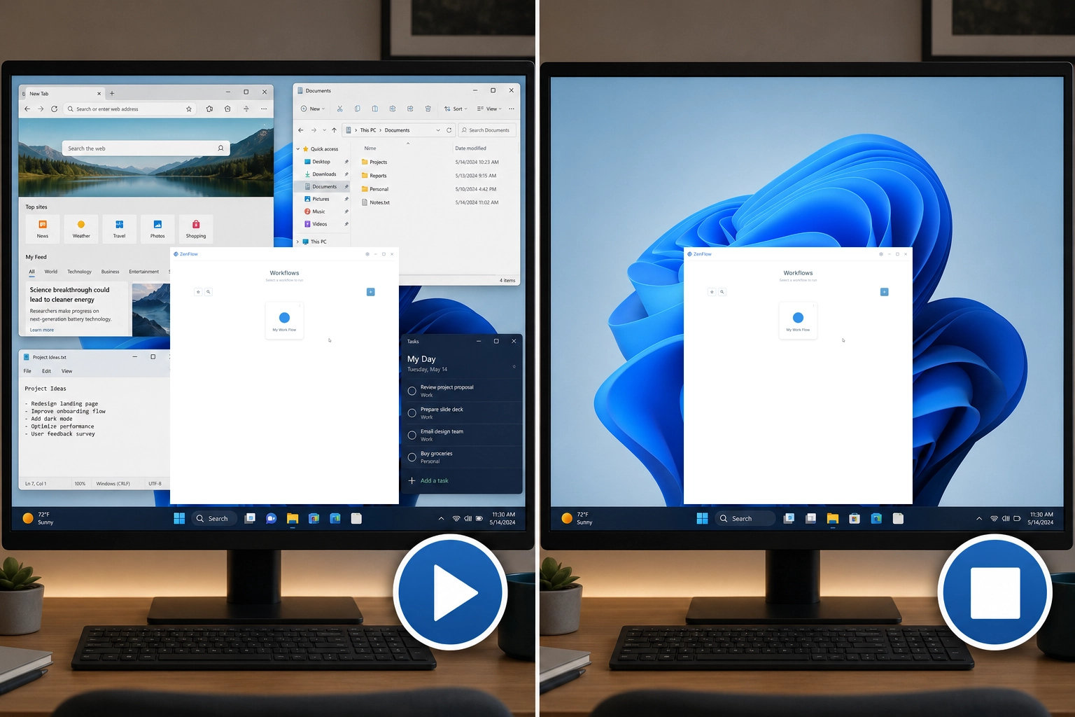 Workflow controls showing a work session starting and stopping with related project windows nearby