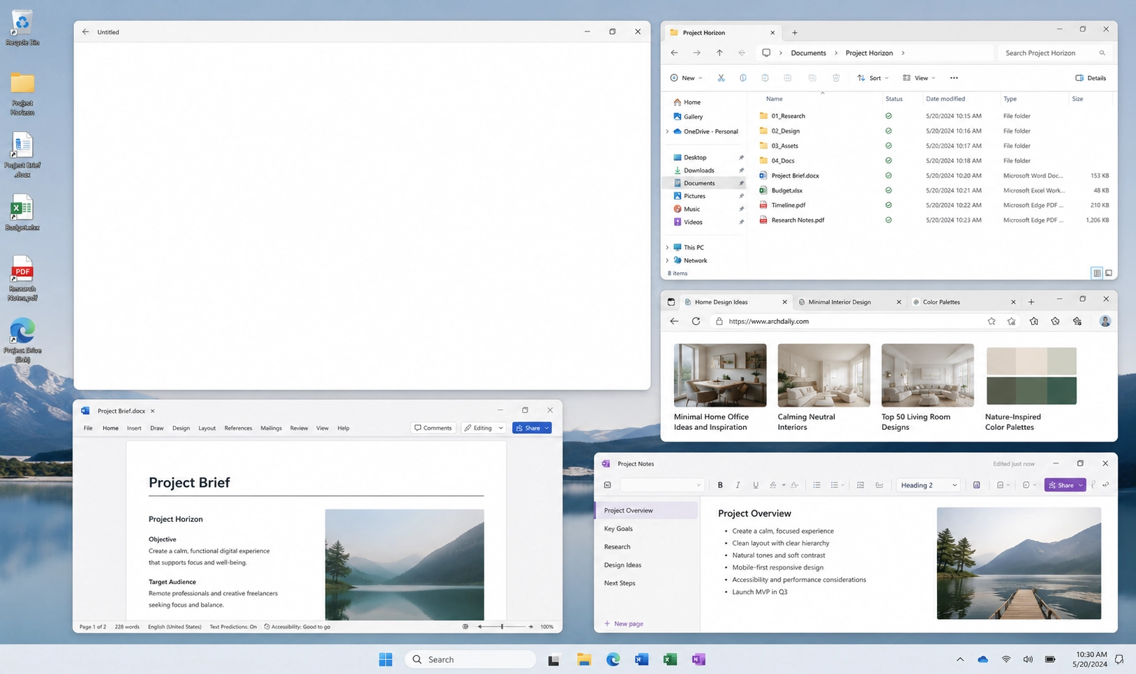 Desktop workspace showing real project files, notes, browser tabs, and work tools arranged for testing