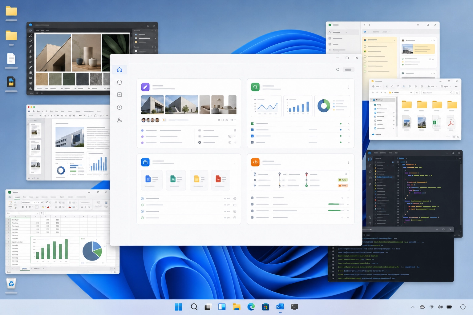 Saved workflow spaces for client projects, office admin, writing sessions, research paths, and development environments