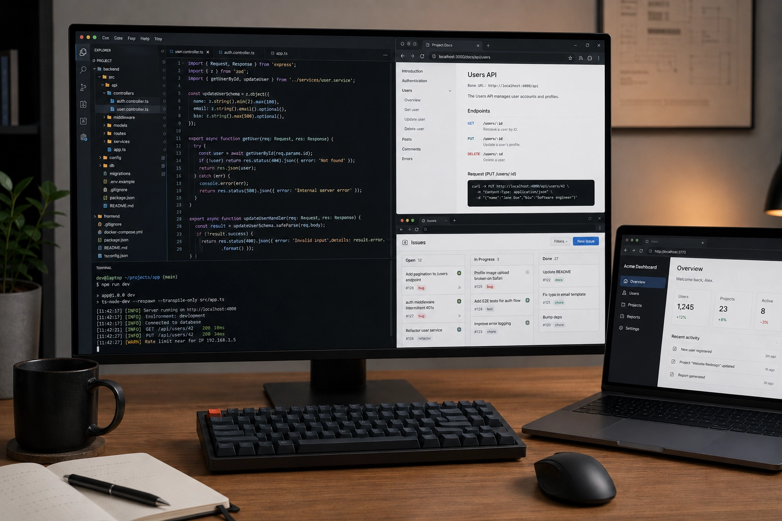 Web developer workflow with an editor, repo folder, terminal, documentation, issue tracker, and local preview