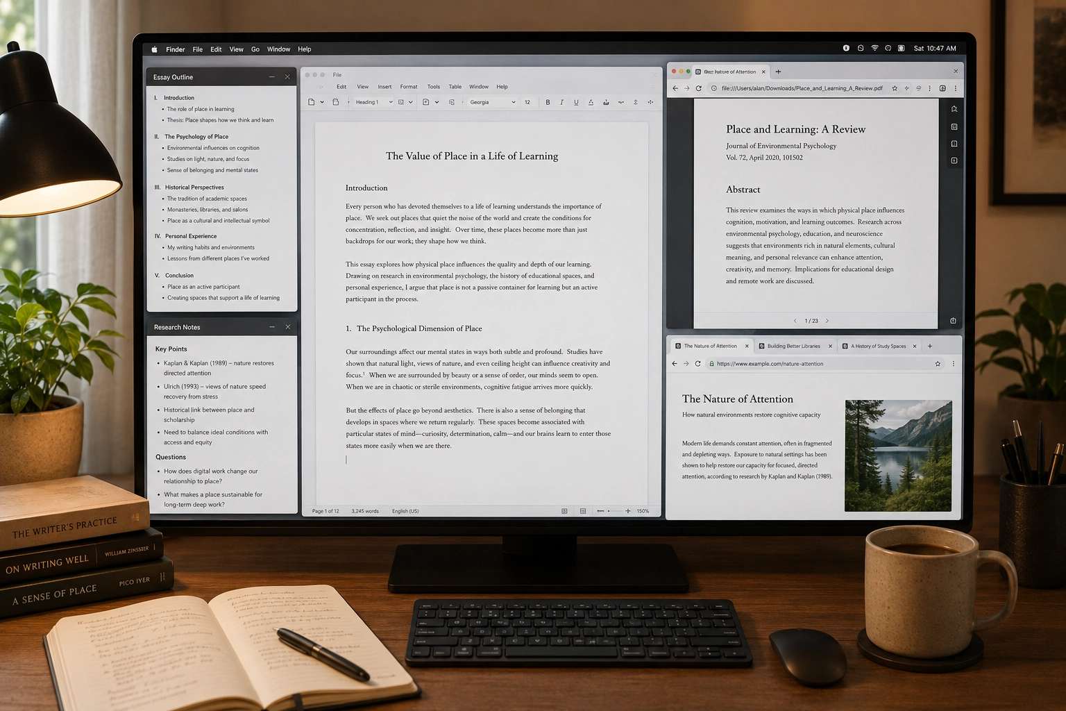 Writing and research workflow with drafts, outlines, source material, notes, reading lists, and reference tabs