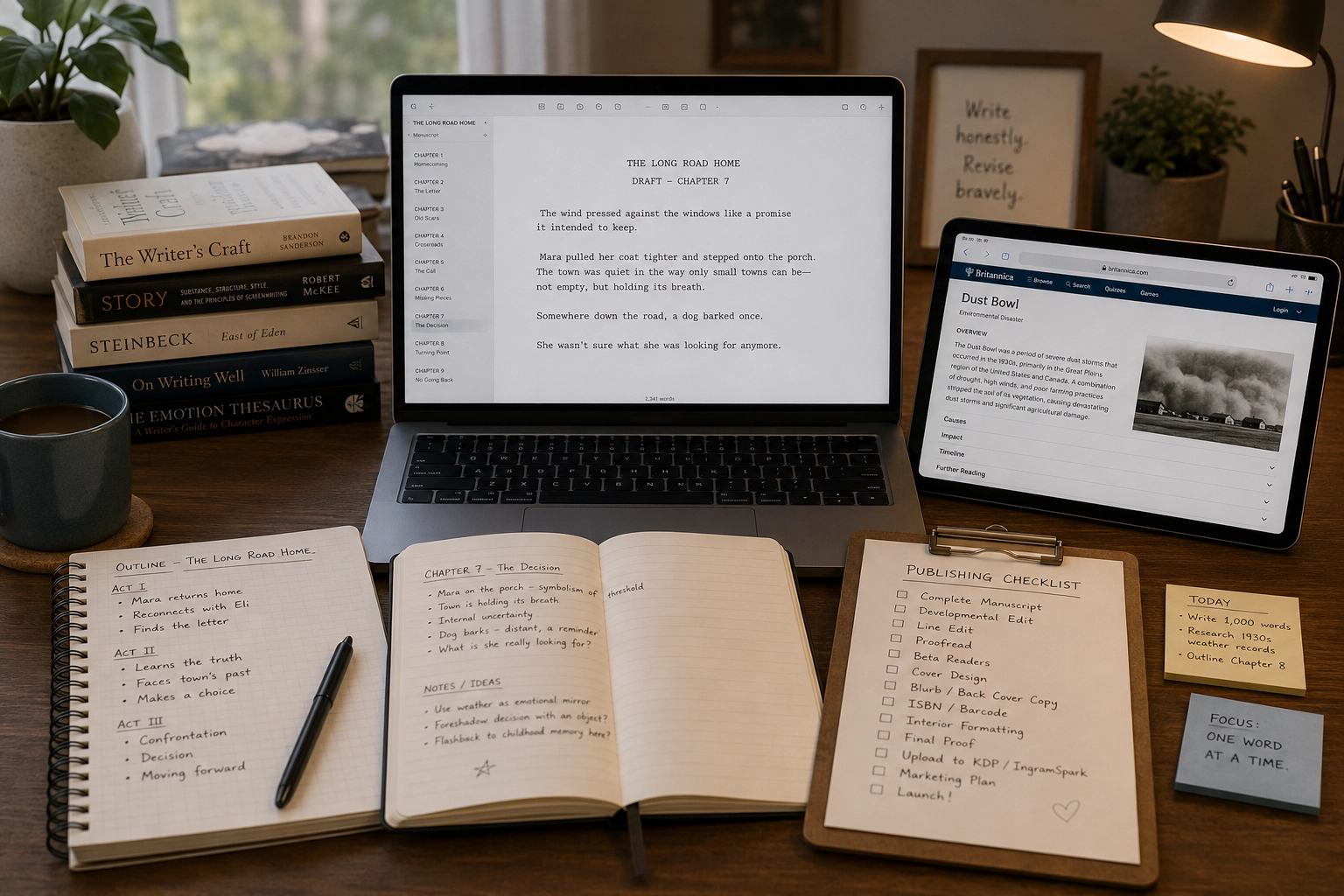 Writing workflow with a draft document, outline notes, source material, and reference tabs